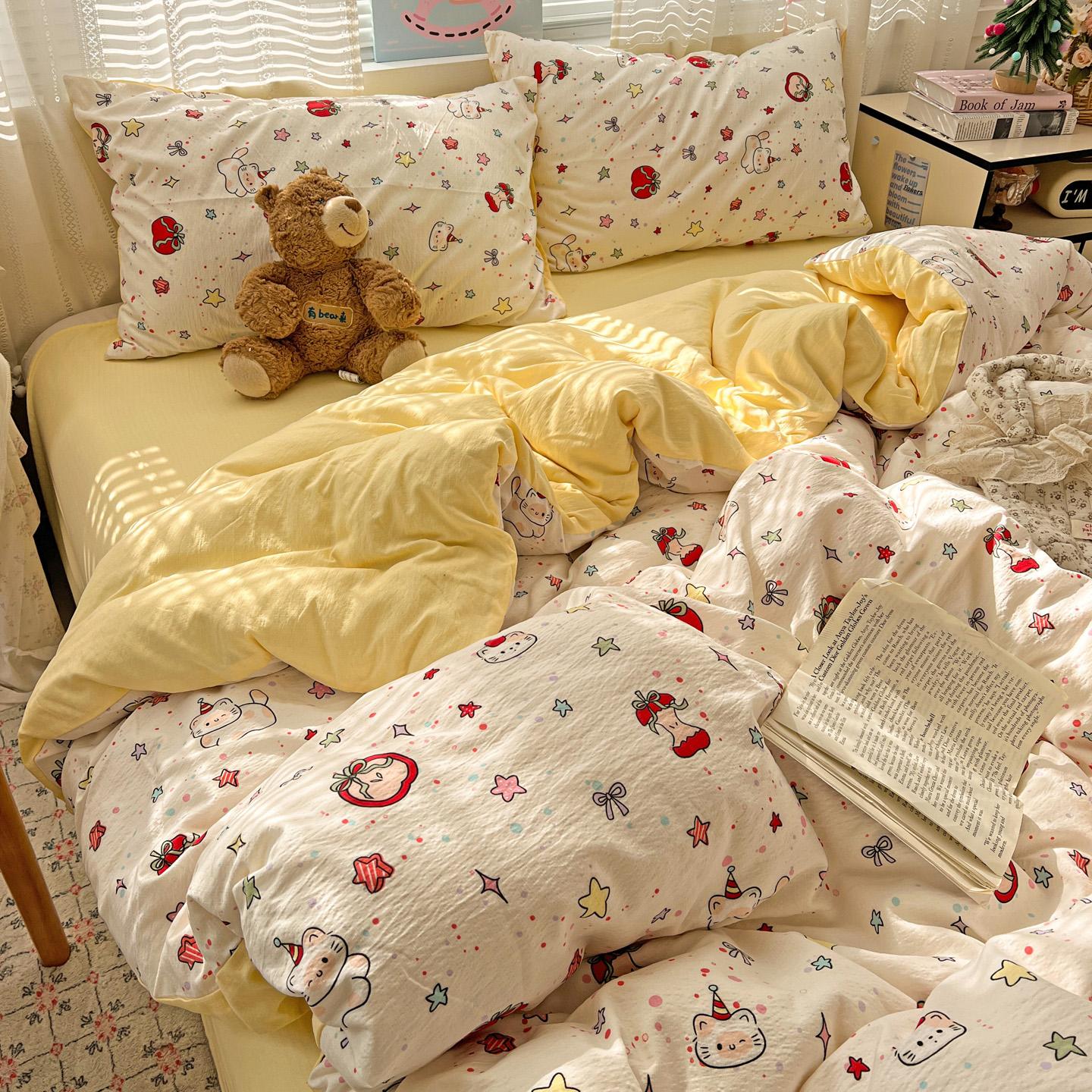 4pcs Double Layer Soft Bedding Set, Cartoon Sheet Set, Single Person Three-Piece, Suitable for Bedroom, Guest Room, Dormitory