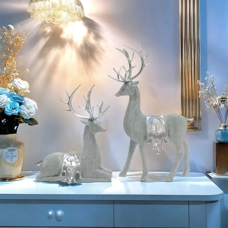Product Introduction of Artistic Deer Statues Set of 2, Silver Color Glitter Details, Chip Carving Sculptures for Christmas Thanksgiving New Year Home Decor 8