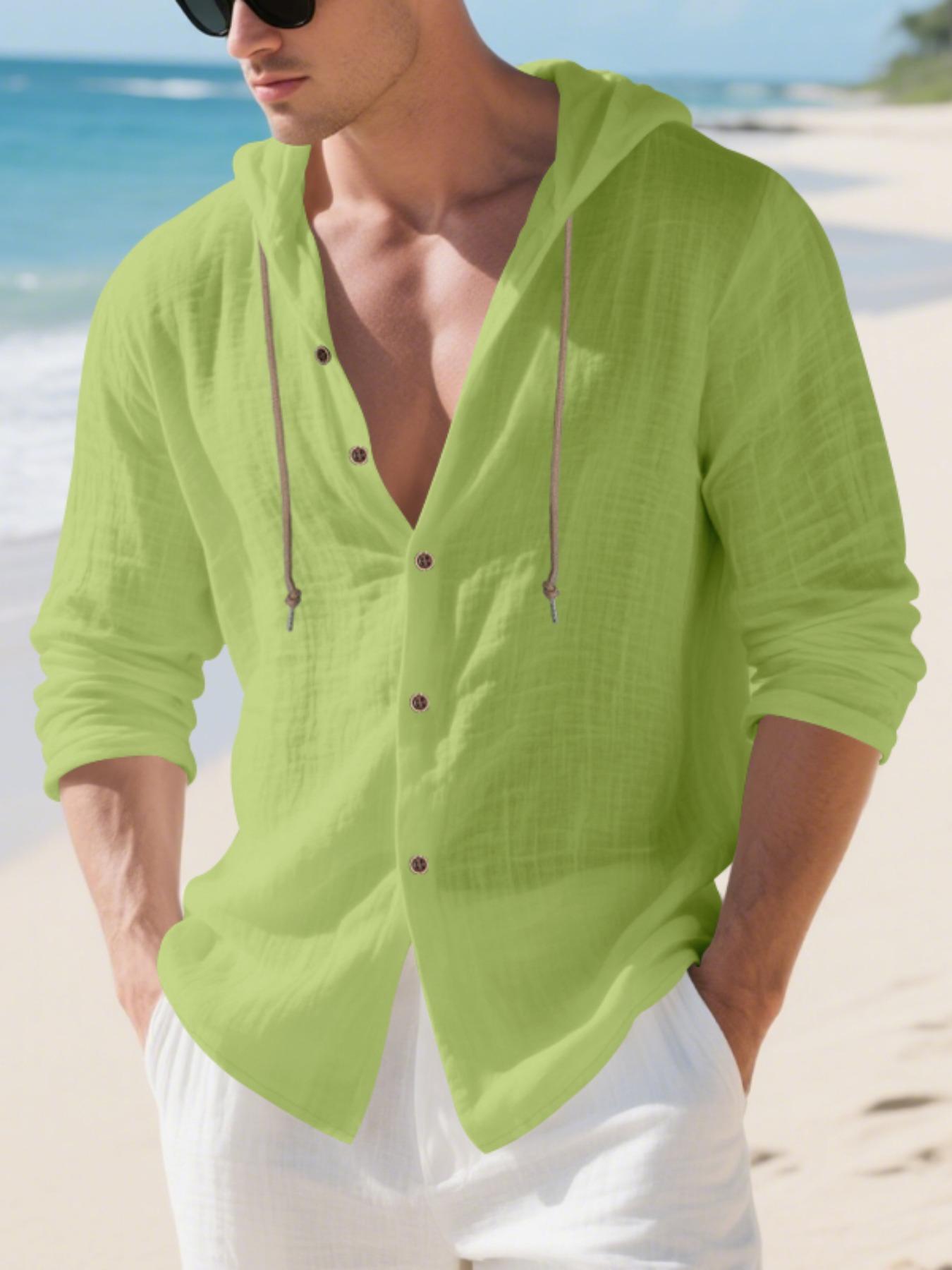 Men's Solid Color Linen Hooded Long Sleeve Shirt, Loose Fit Casual Beach Vacation Style, Comfortable Spring Summer Fashion