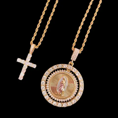 Virgin Mary Pendant and Artificial Zirconia Cross Pendant, Religious Pendant, Hip-Hop Punk style Necklaces for Men or Women, Vintage Necklaces, Shining Necklace, daily wear or Party, Necklace Set