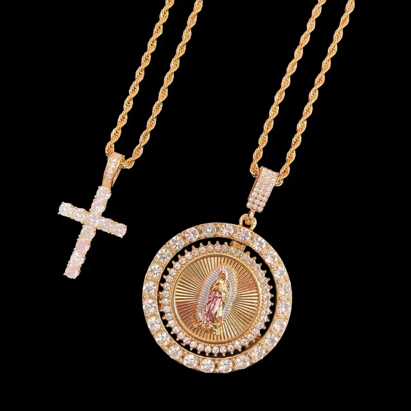 Virgin Mary Pendant and Artificial Zirconia Cross Pendant, Religious Pendant, Hip-Hop Punk style Necklaces for Men or Women, Vintage Necklaces, Shining Necklace, daily wear or Party, Necklace Set