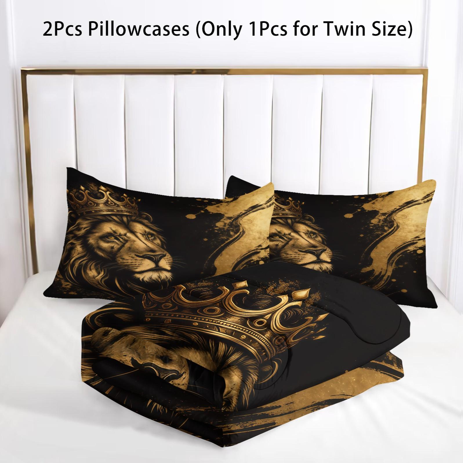 Lion Crown Pattern Comforter Set, Soft And Durable Bedding Set, Including 1 Comforter And 1 Or 2 Pillowcases, Suitable For Children And Adults Daily Holiday Birthday Gifts Bedroom Decorations