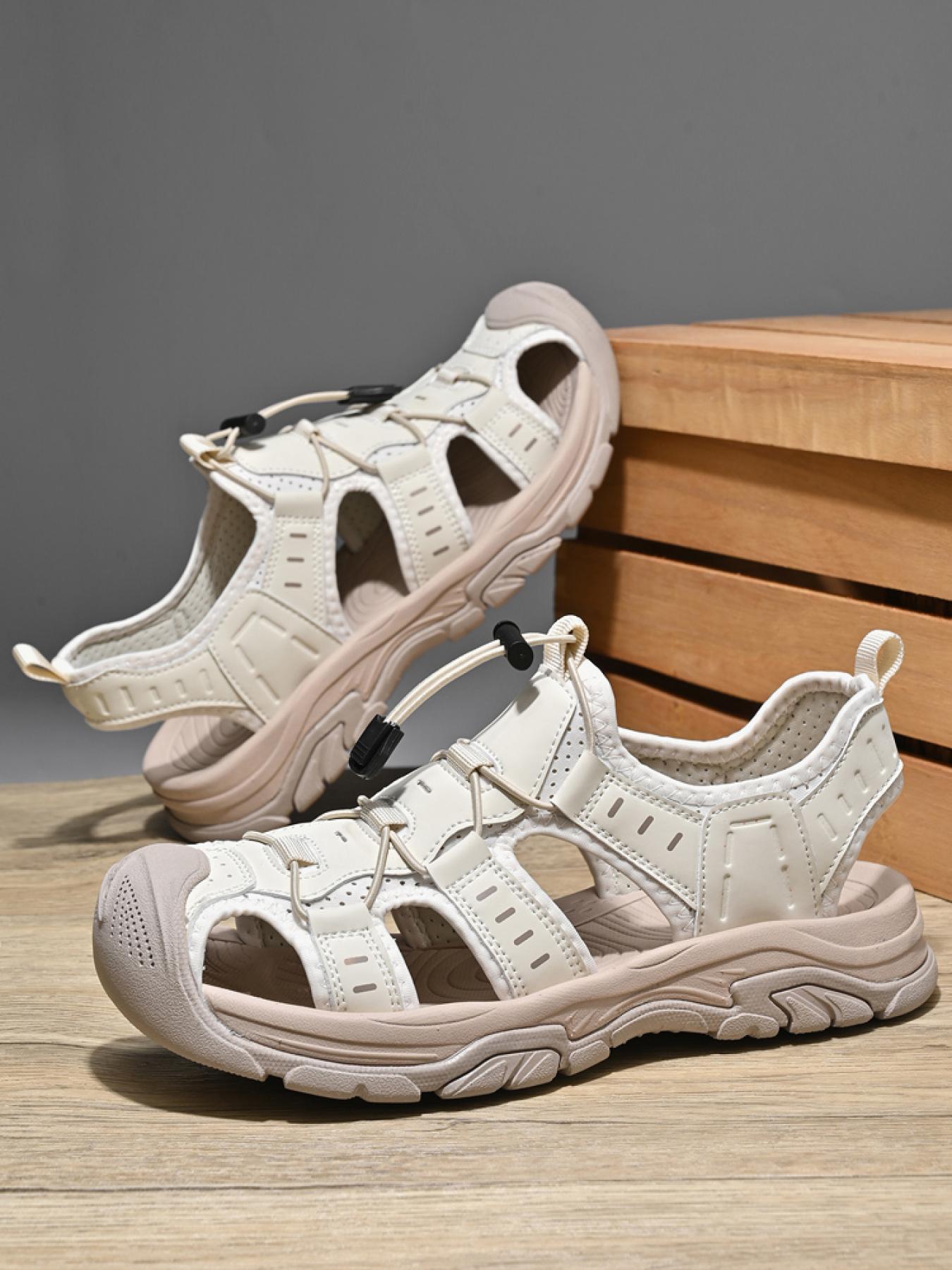 Men's Black and White Drawstring Closed-Toe Outdoor Sandals Thick-Soled Non-Slip Hollow-Out Water Shoes Breathable Durable Beach Hiking Shoes