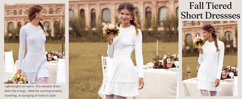 Wenrine Women's Long Sleeve Sweater Dress Casual Ribbed Knit Crewneck A Line Slim Fit Tiered Fall Mini Dresses for Everyday Wear