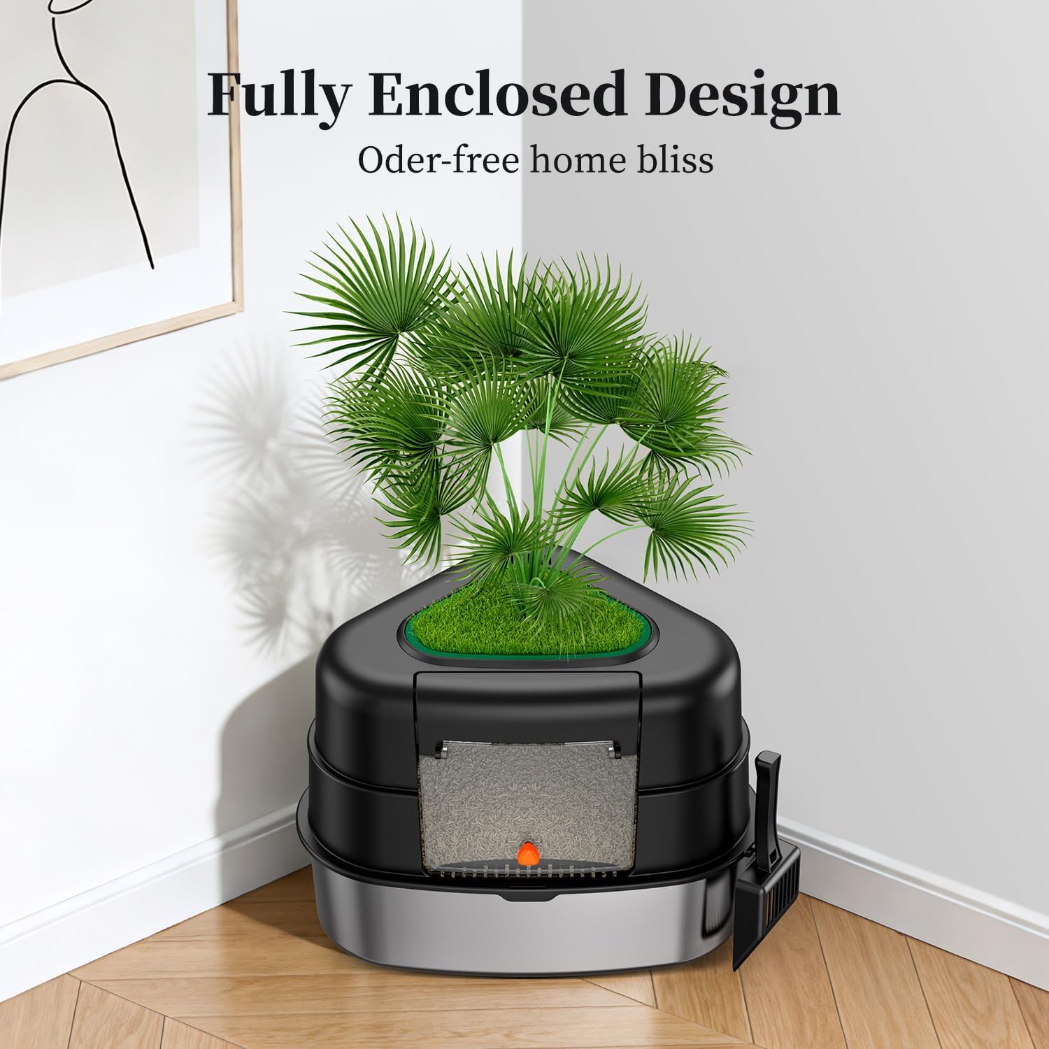 XXL Stainless Steel Corner  Litter Box with Lid, Enclosed   Litter Box with Artificial , Easy-Clean Covered Decorative Litter Box for Large Cats, Black