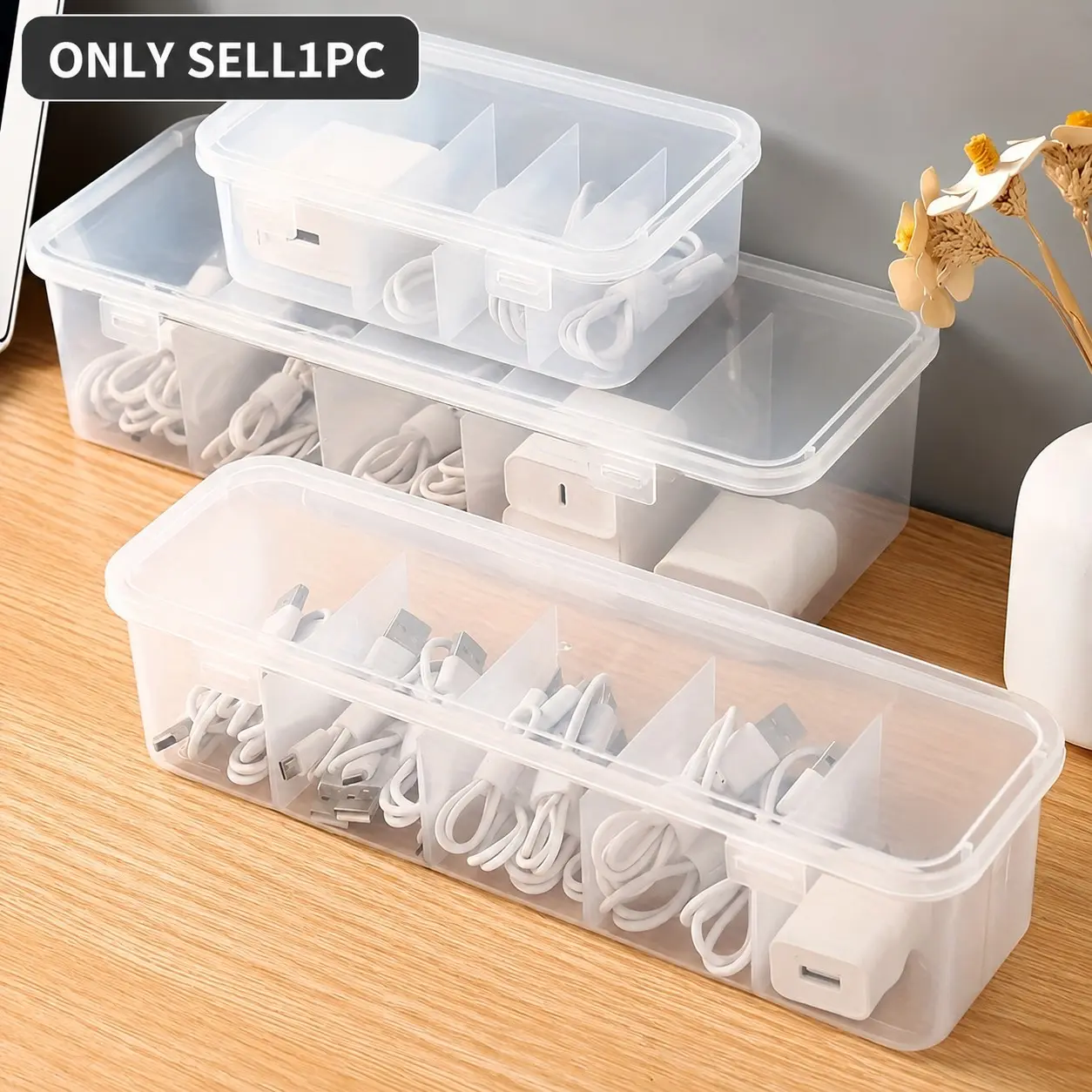 Data Cable Organizer Box, Transparent Dust-Proof Charging Cord Holder, Multi-Slot Desktop Drawer, Large Capacity, Portable, Space-Saving
