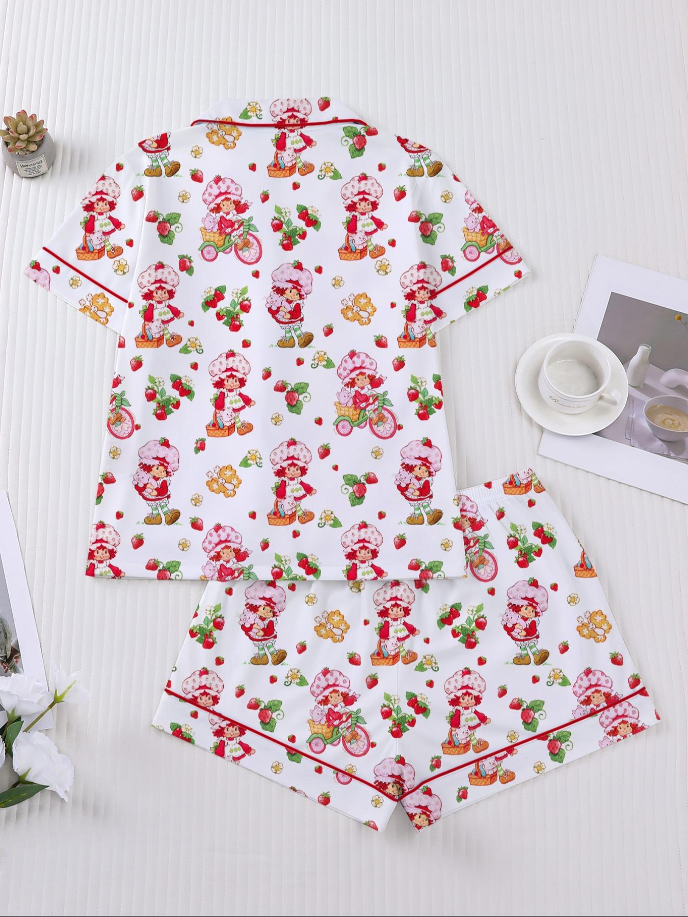 Women's Strawberry Cartoon Print Sleepwear Set, Short Sleeve Button-Up Top & Elastic Shorts, Casual Home Wear for Daily Use