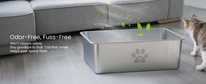 PTLOM Stainless Steel Cat Litter Box High Side, No Lid Large Space, Splash-proof Non-stick Cat Pet Supplies