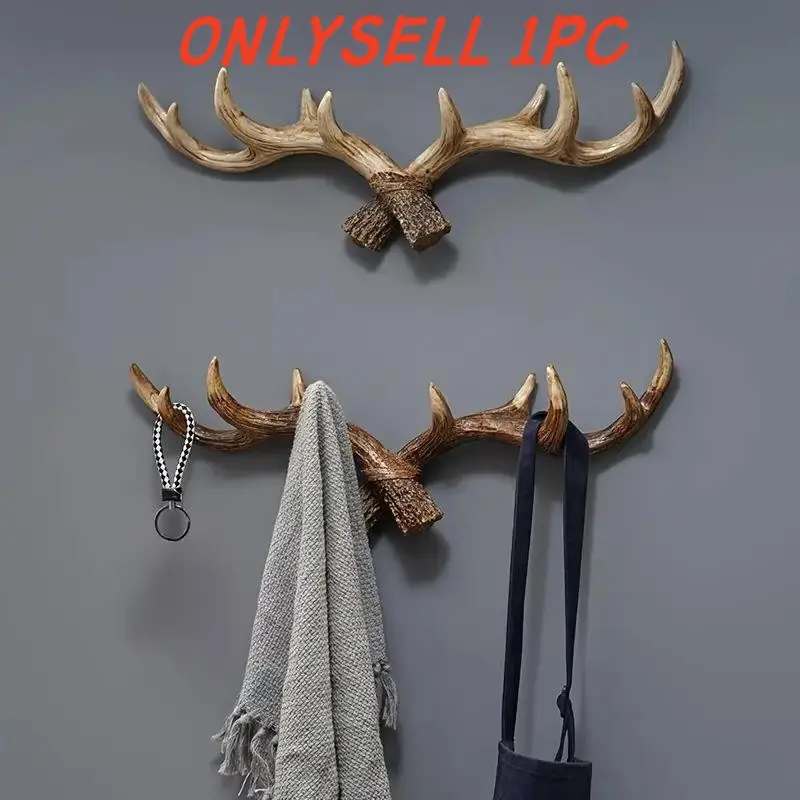 Rustic Resin Deer Antler Wall Hook, Wall Mount Design, Winter Holiday Decoration, Coat & Key Holder, Entryway Wall Art for Home & Retail Displays, Wall Mounted Hook