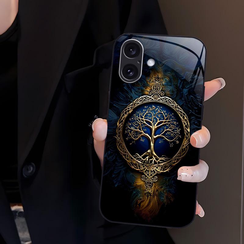 Suitable for [iPhone 16 Plus] high-end phone case🤩， high-end patterns，blue and gold tree of life pattern new black phone，drop-resistant and fingerprint-proof YM99