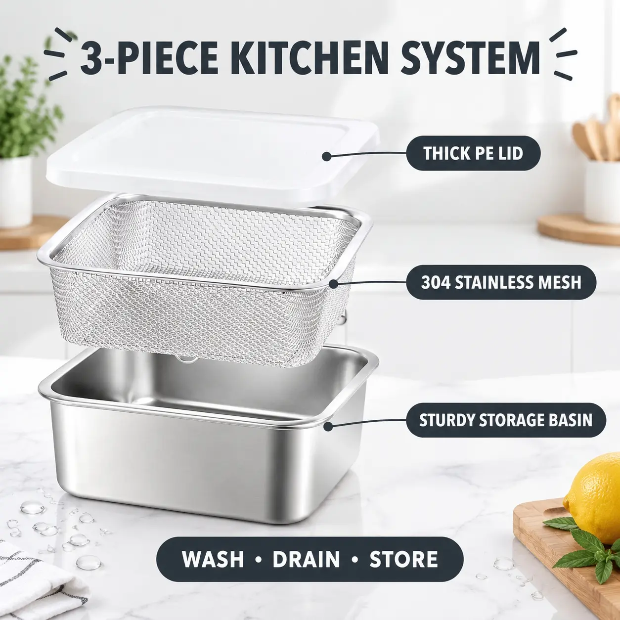 Kitchen Food Drain Basin 304 Stainless Steel, Mesh Strainer with PE Sealed Lid, Oil Filter Tray for Fried Food
