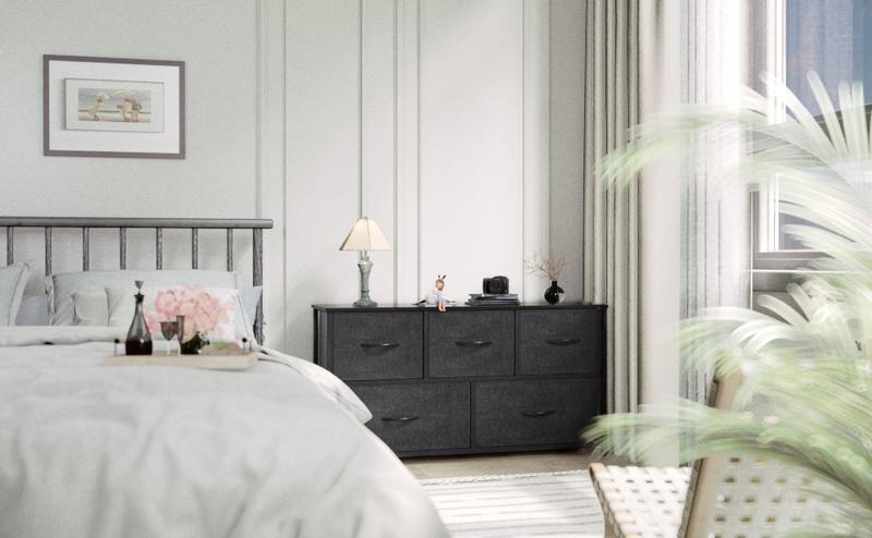 Yitahome Wide Storage Tower with 5 Drawers - Fabric Dresser, Organizer Unit for Bedroom, Living Room, Closets - Sturdy Steel Frame, Easy Pull Fabric Bins & Wooden Top (Black/Grey)