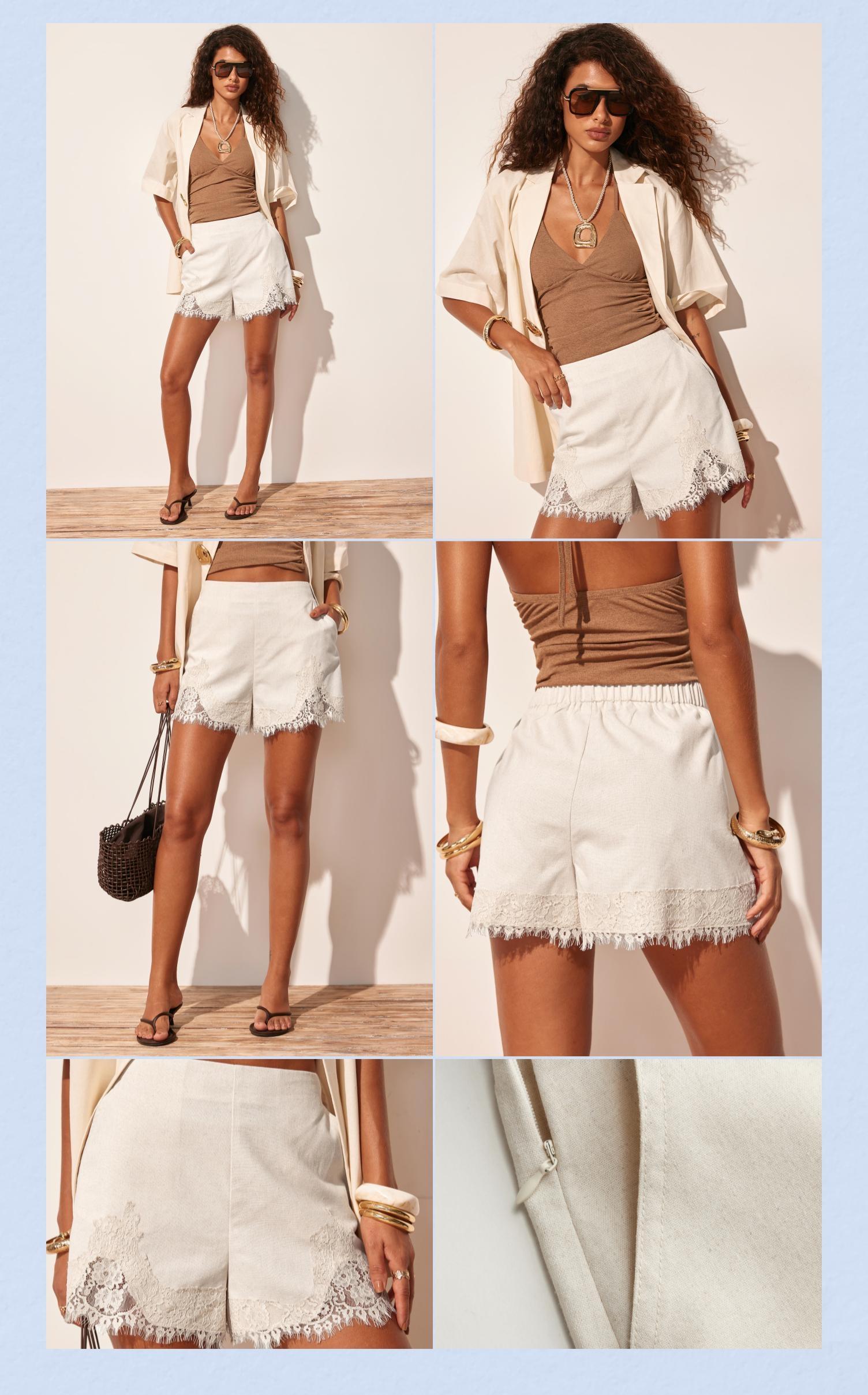 Cider Linen-blend Mid Rise Lace Trim Shorts