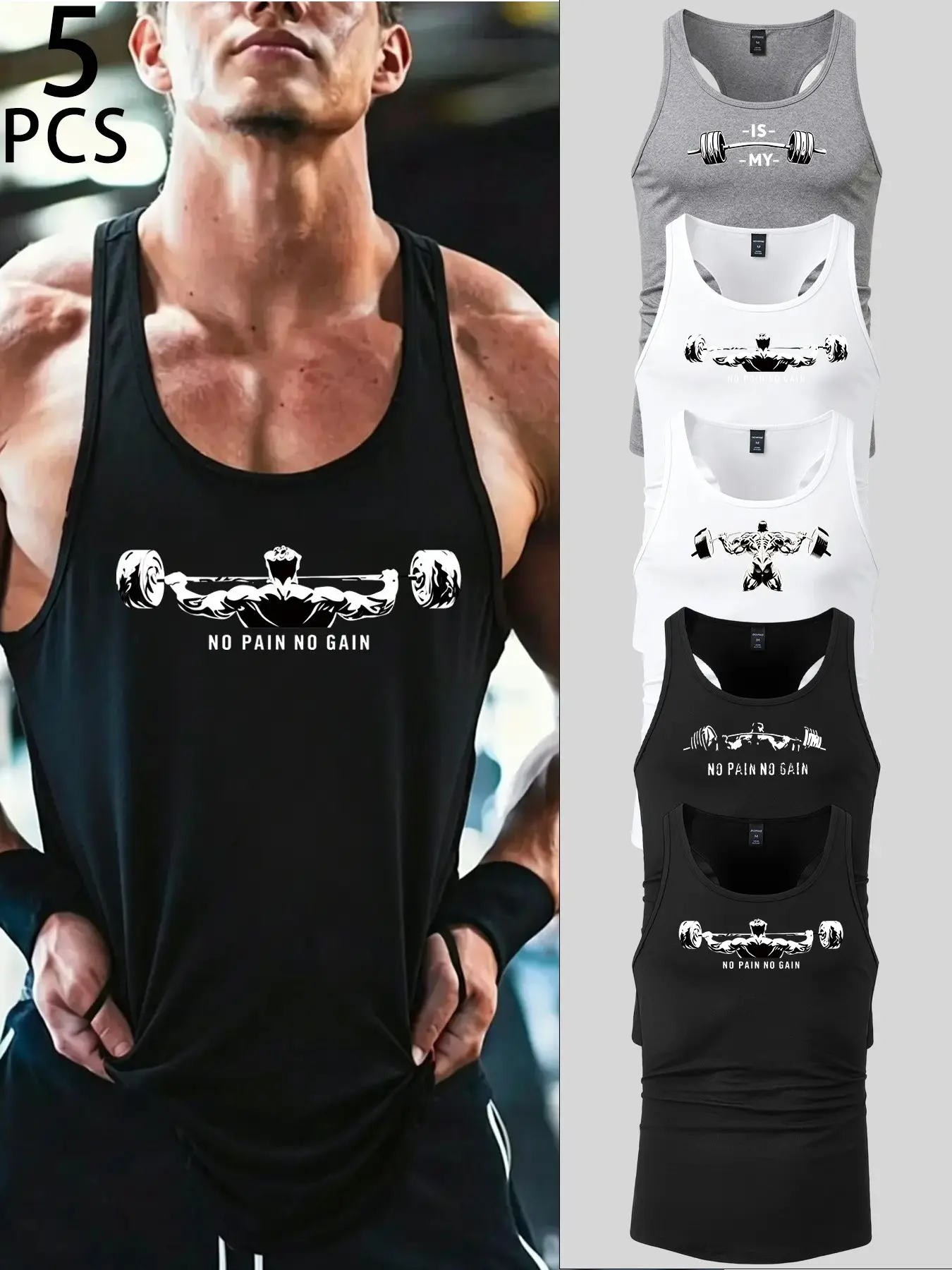 Athleisure Men's Graphic Gym Tank Top, Sleeveless Activewear, Moisture-Wicking T-Shirt for Gym Workouts, Urban Streetwear & Daily Casual Wear, Barbell Print Y-Back Muscle Tee with Stretchy Fit, Slim Fit, Versatile Wear
