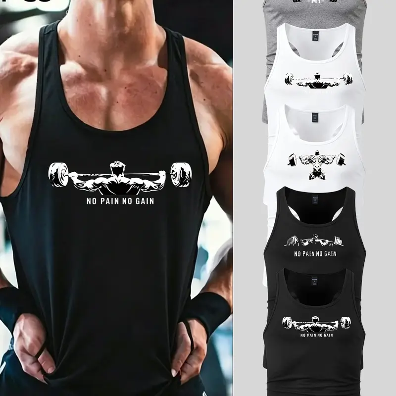 Athleisure Men's Graphic Gym Tank Top, Sleeveless Activewear, Moisture-Wicking T-Shirt for Gym Workouts, Urban Streetwear & Daily Casual Wear, Barbell Print Y-Back Muscle Tee with Stretchy Fit, Slim Fit, Versatile Wear