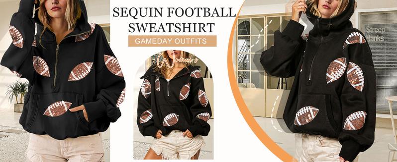 Molitree Women's Game Day Sweatshirts Football Sequin Long Sleeve Zipper Hoodies with Pocket Cotton Material Adjustable Drawstring Hooded Collar Front Kangaroo Pocket Casual Womenswear Molitree Women's Game Day Sweatshirts Football Sequin Long Sleeve Zipper Hoodies with Pocket Cotton Material Adjustable Drawstring Hooded Collar Front Kangaroo Pocket Casual Womenswear