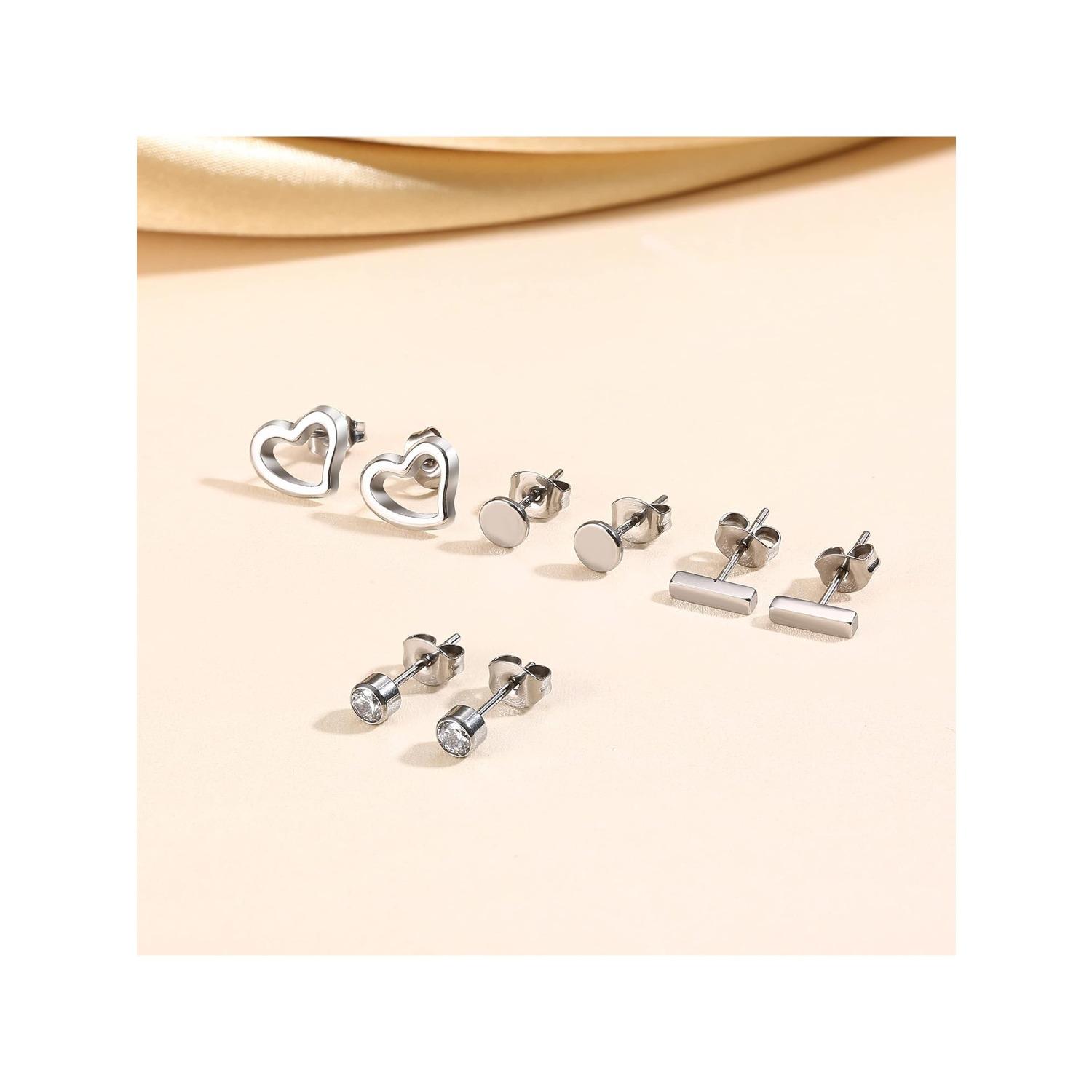 20G Titanium Earrings Studs for Sensitive Ears, Hypoallergenic Implant Grade Titanium Stud Earrings for Women Men| Cz Bar Tiny Dot Heart Titanium Cartilage Earring Nap Sleeper Piercing Earrings Mens Earrings Set