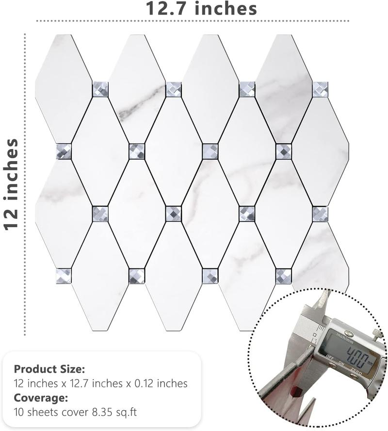 STICKGOO 10 Sheets Glass Marble Peel and Stick Backsplash, Tiles Sticker Self Adhesive Mixed Metal Backsplash for Kitchen/Bathroom/Fireplace/RV - Calacatta Wall Art Stickers Decorative