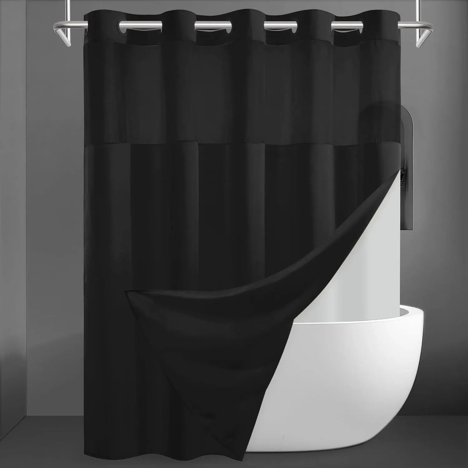 Hookless Slub Shower Curtain with Liner (71x74 in, Black) - 3-in-1, Bamboo Texture, Hotel-Style, Waterproof Fabric, Mesh Top Window, Corner Magnets, Snap-In Liner, Machine Washable, Shower Curtains, Hookless Shower Curtain