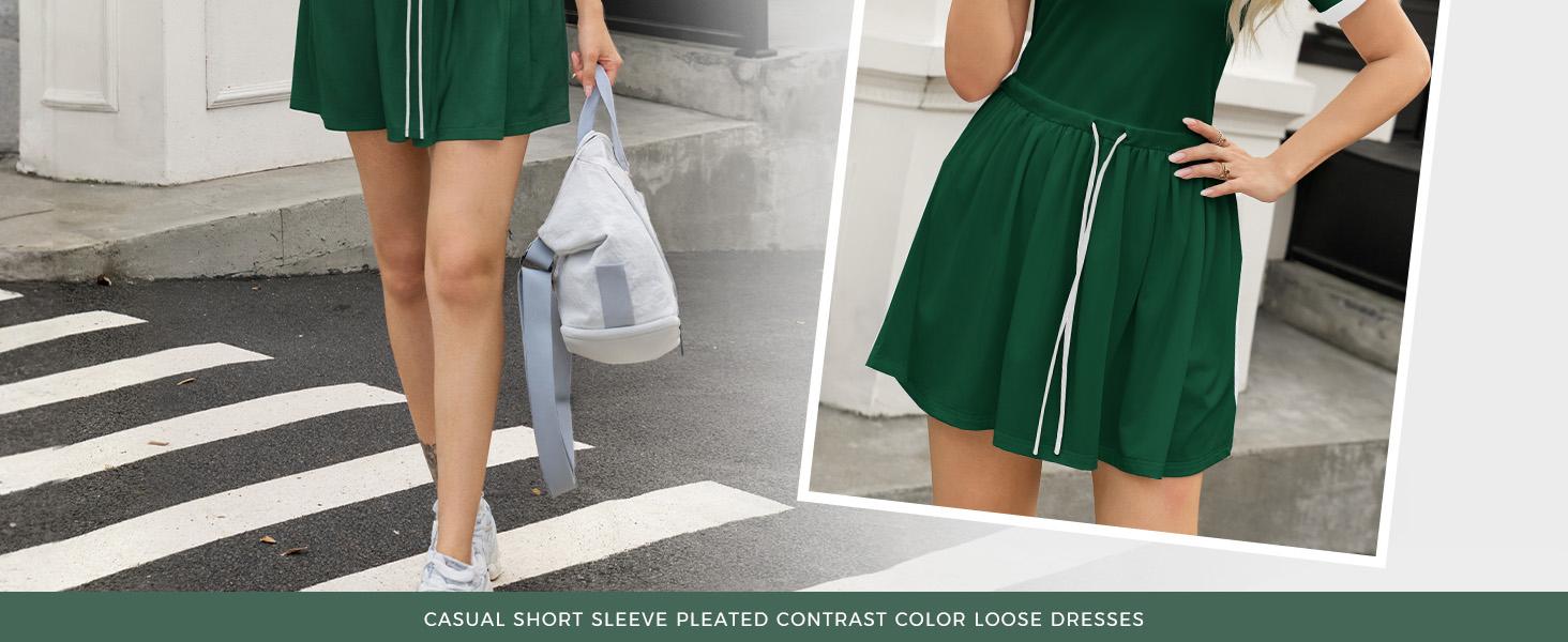 Outdoor&sports Fisoew Women’s Tennis Dress Casual Short Sleeve Pleated Contrast Color Loose Workout Summer T Shirt Dresses