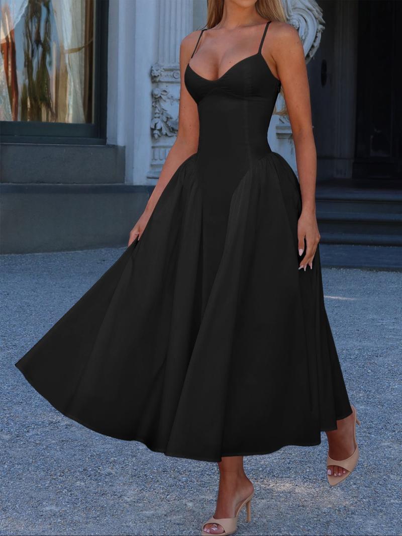 Pure Color Elegant Sleeveless Long Dress, Waist Cinched Design, Fitted Style, Plain Pattern, Perfect for Various Occasions