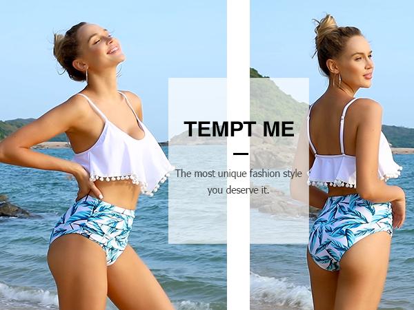 Tempt Me Women Two Piece High Waisted Bikini Set Ruffle Swimsuit Flounce Pom Pom Trim Bathing Suit with Full Coverage Swim Bottoms Flowy Swim Tops Tummy Control Swimsuits