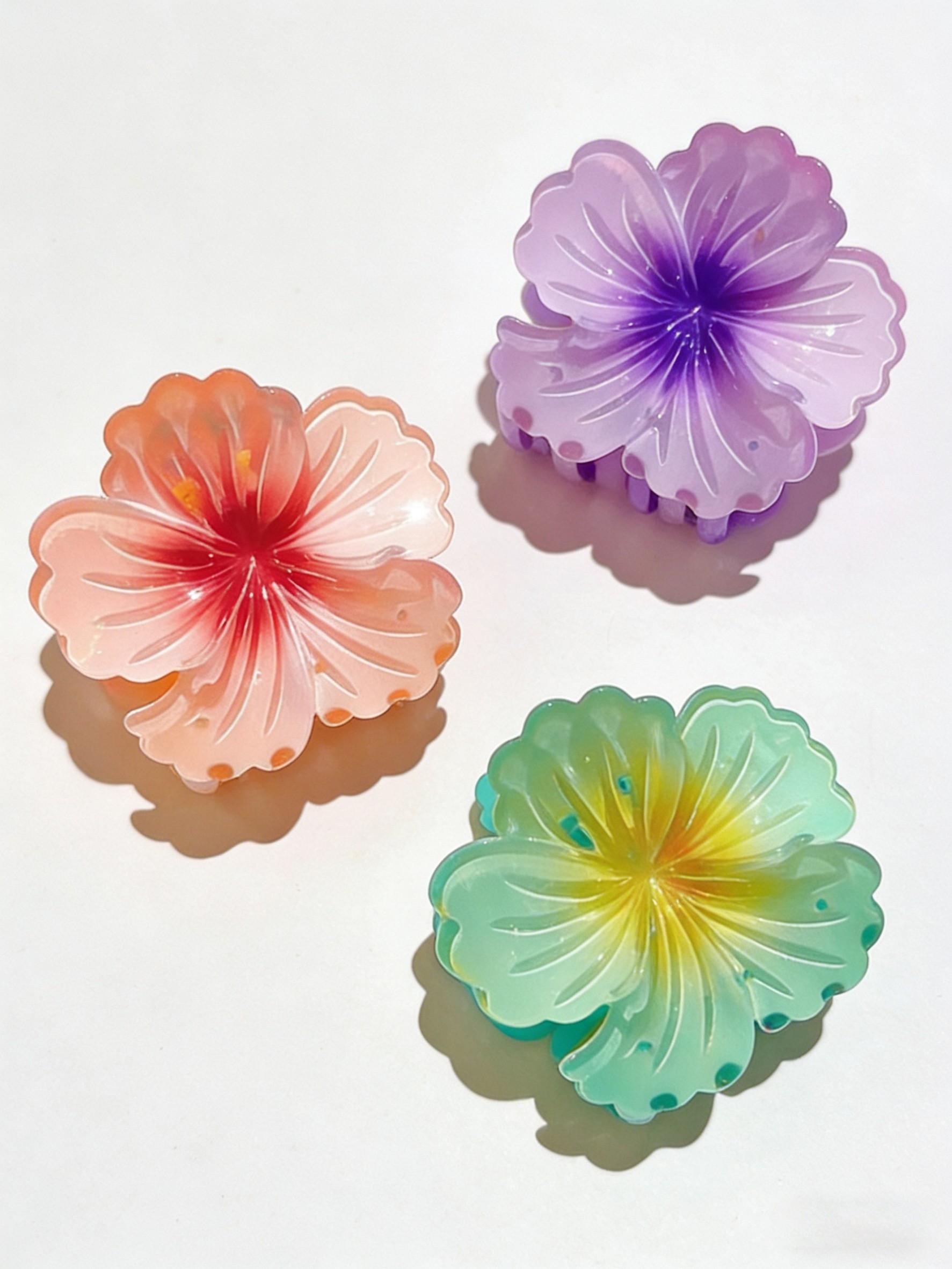 Blossom Design Hair Clips Set, & Blue Block, Layered Petal Texture, Secure Tooth Clip, Elegant All-Season Accessory