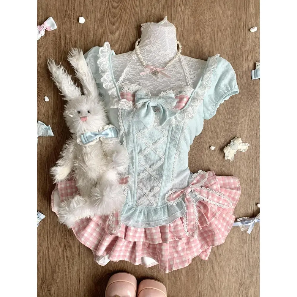 Sweet Preppy Style Women 2 Piece Set Y2k Kawaii Lolita Design Tops + High Waist Skirt Female Princess Korean Popular Chic Outfit