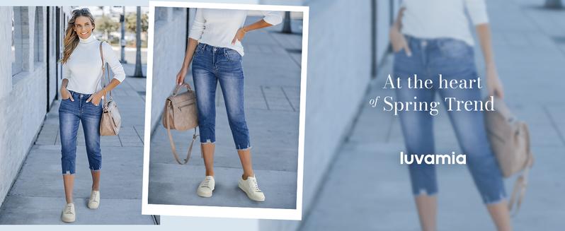 luvamia Jean Capri Pants for Women High Waisted Ripped Skinny Jeans Stretchy Denim Capris Cropped Jeggings with Pockets Slim Trouser