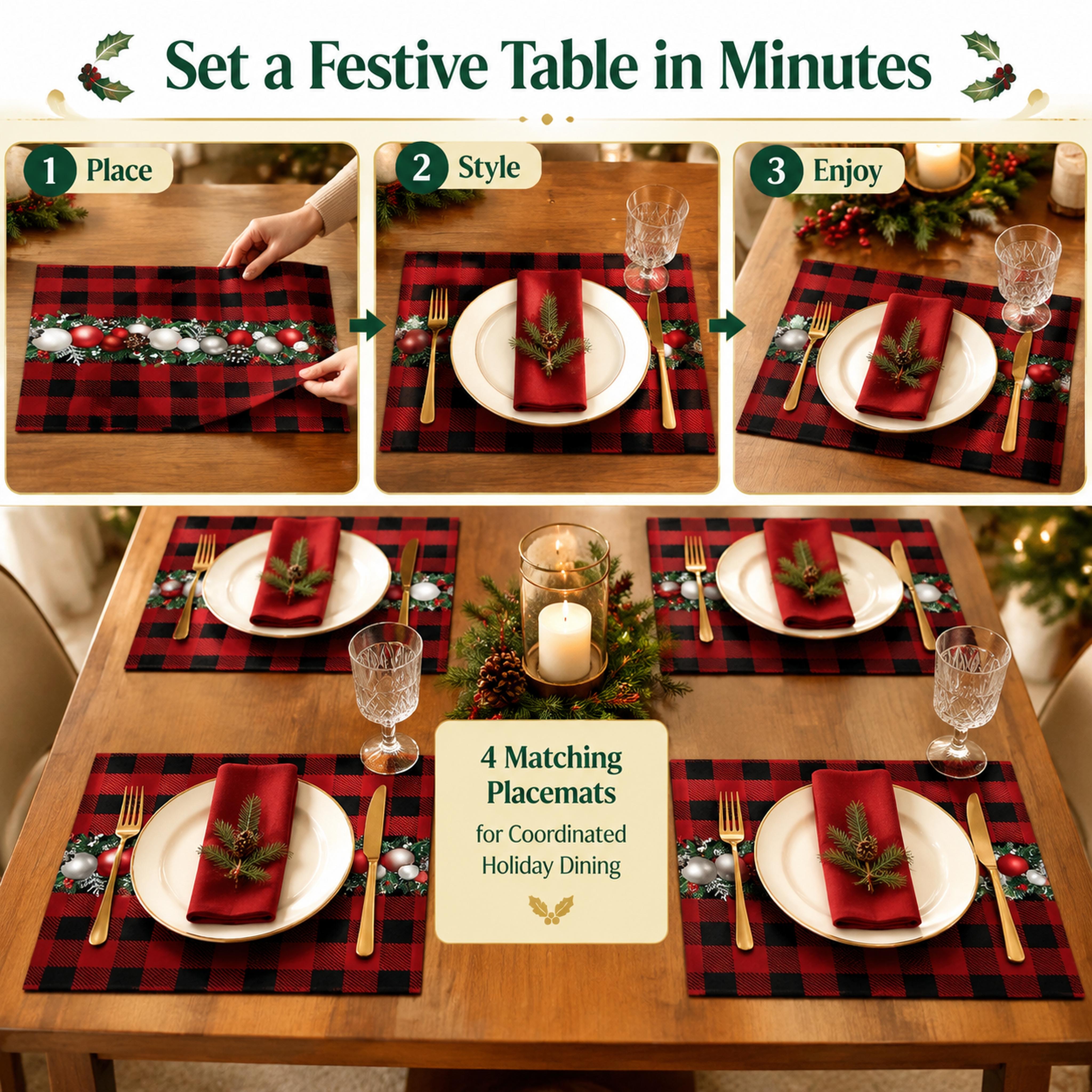 4‑Pack Christmas Festive Placemat Set, Classic Size Table Mats for Home Kitchen Dining Tables, Holiday Decor for Christmas Party & Family Dinner Lovers