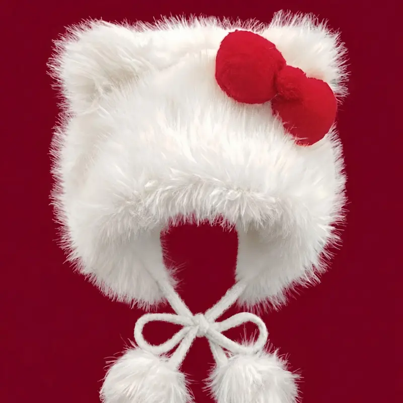 Cute Cat Ear Design Pom Pom Decor Plush Hat, Acrylic Hat, Fashion Beanie Hat, Insulated Hat, Cute Earflap Hat, New Style Bowknot Design Warm Hat for Fall & Winter, Casual Headwear, Fashion Accessories for Women #GLOBAL PICKS