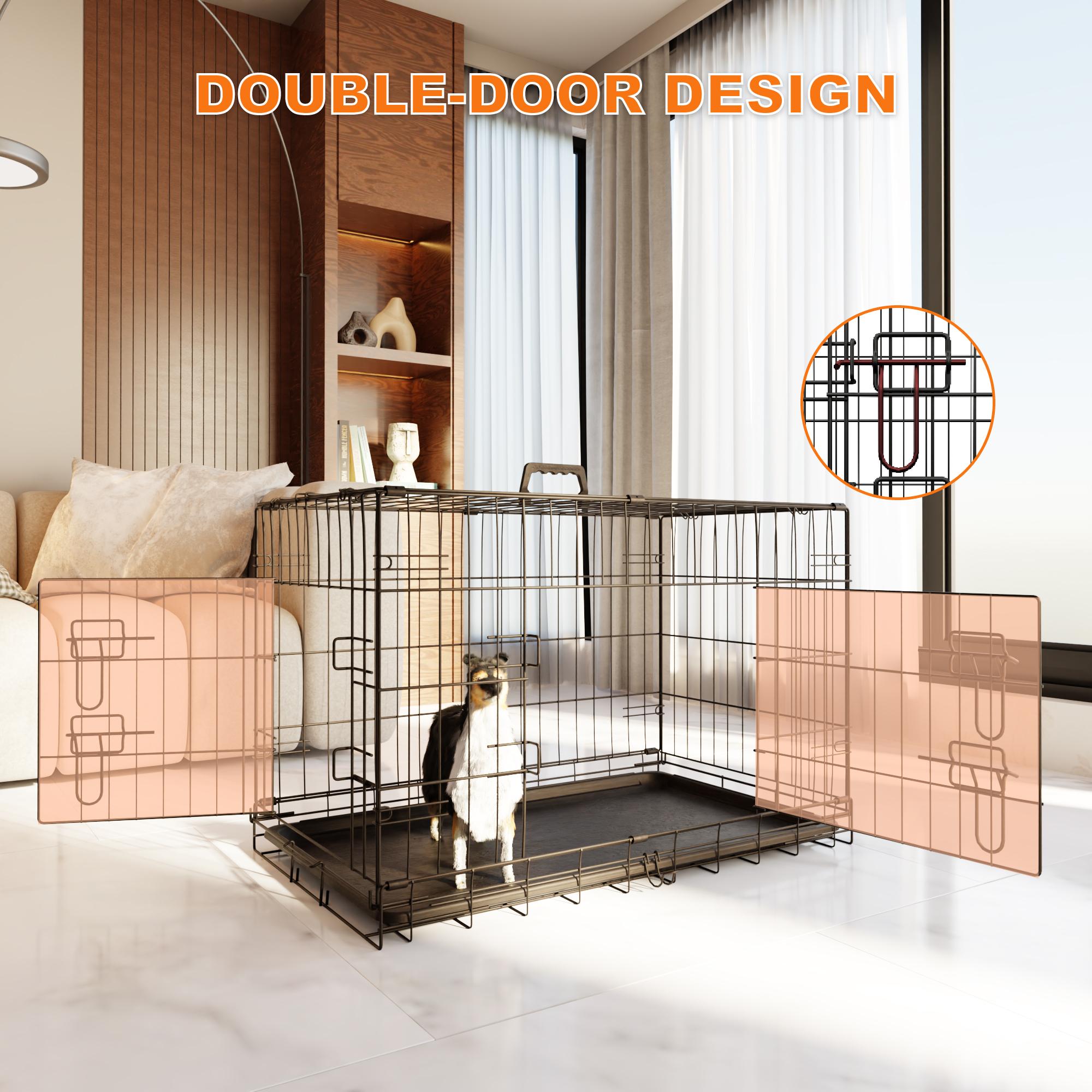 【TikTokShopfalldealsforyou】Foldable Metal Dog Crate with Divider and Leak-Proof Tray, Double Door Wire Kennel for Medium to Large Dogs, Indoor Outdoor Travel Use, 30/36/42/48 Inch
