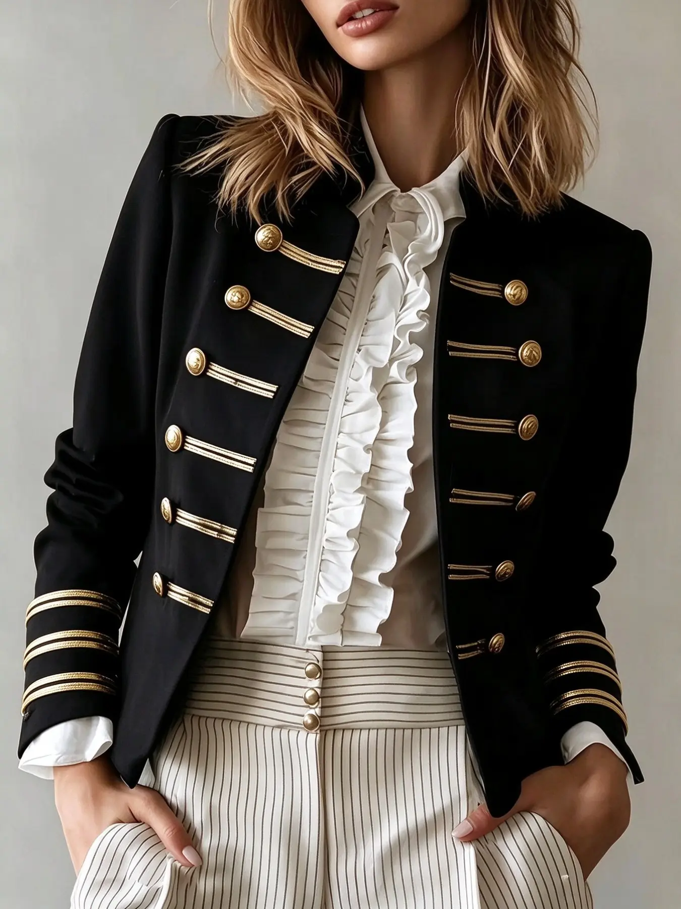 Navy Style Suit Jacket with Stripes and Buttons, Perfect for Daily Wear, Christmas, New Year, Parties, Valentine's Day