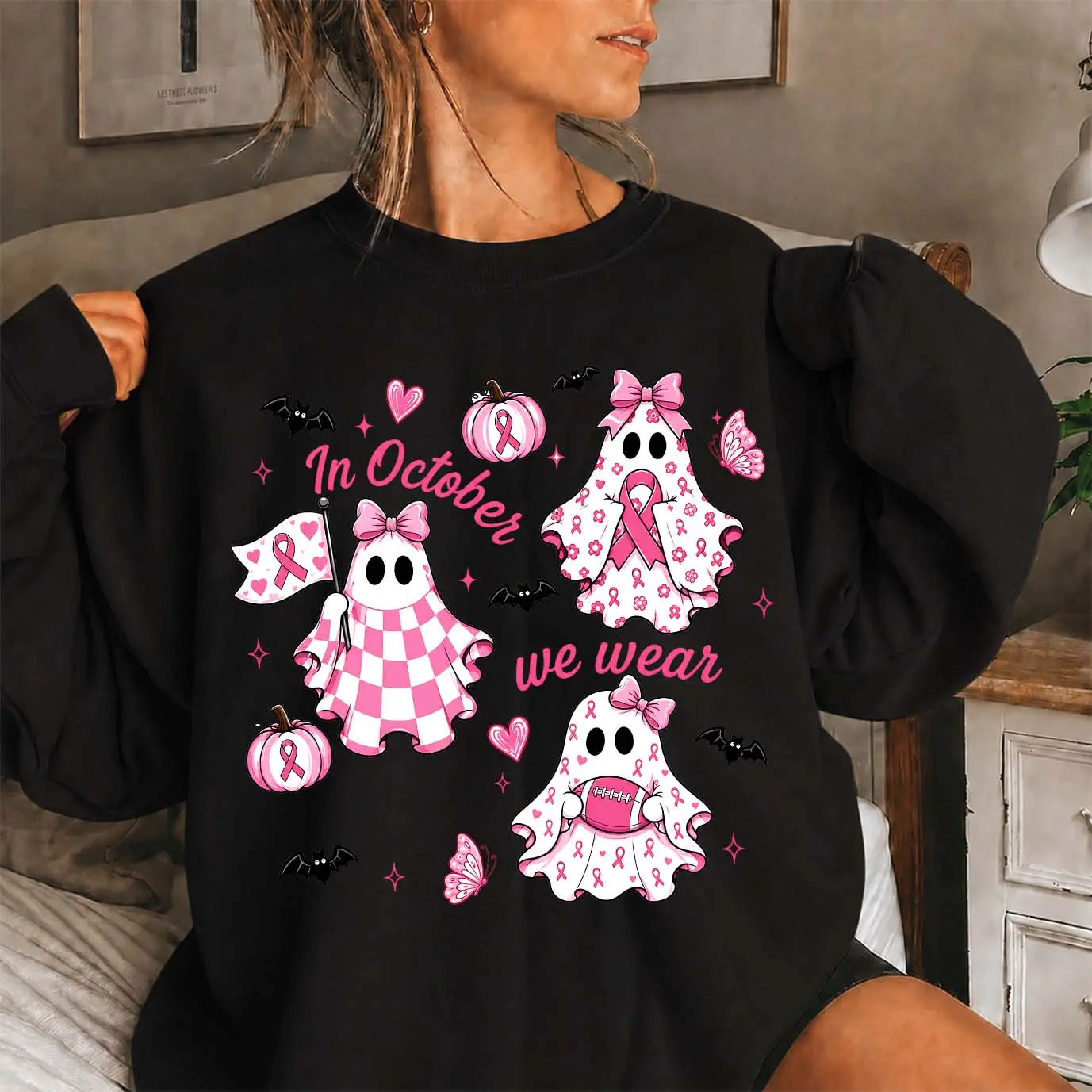 Women’s Pink Ribbon Halloween Ghost Graphic Sweatshirt, Cute Pumpkin Bat & Butterfly Crewneck Pullover, Cozy Long Sleeve Fall Top, Breast Cancer Awareness Inspired Autumn Shirt for October Events, Weekend Wear & Seasonal Gifts