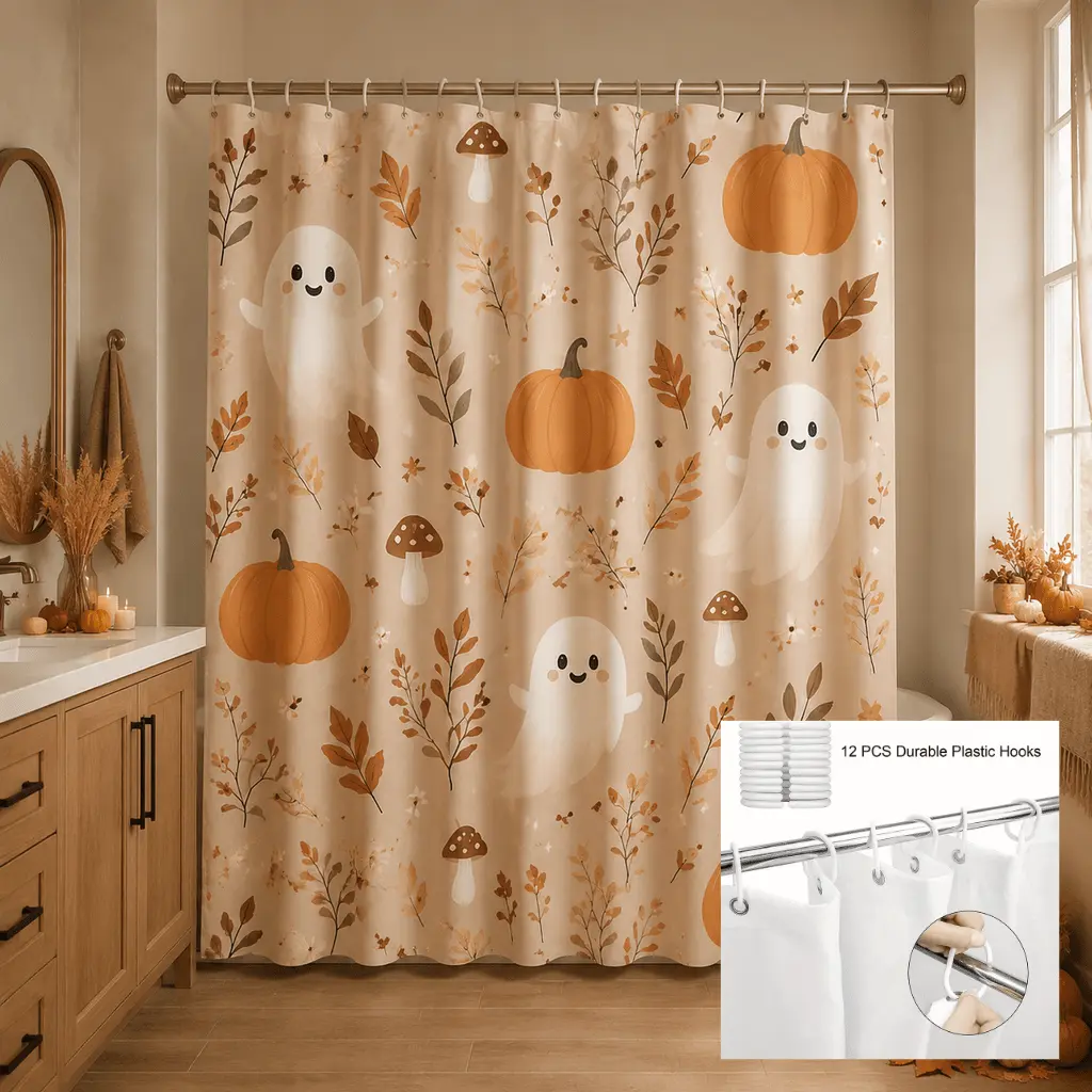 2D Flat Shower Curtain 1pc, Autumn Pumpkin Ghost Shower Curtain 71x 71inch Polyester Fabric Shower Curtain, with 12 Hooks, Beige Rustic Autumn Leaves Mushroom Farmhouse Bathroom Decor
