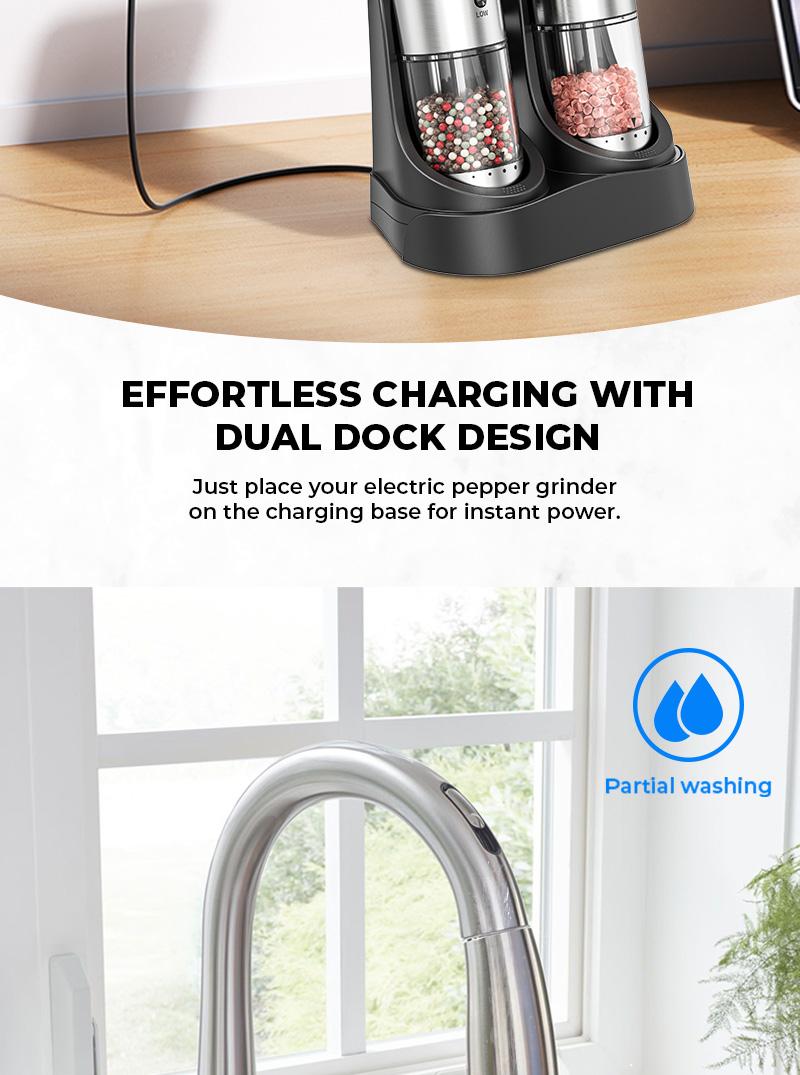 PUKOMC Rechargeable Salt & Pepper Grinder Set: 6 Settings, One-Hand Use,Detachable for Cleaning - Includes 12 Refills & Accessories! Kitchen Seasoning Utensils Coarseness Adjustable Base Style