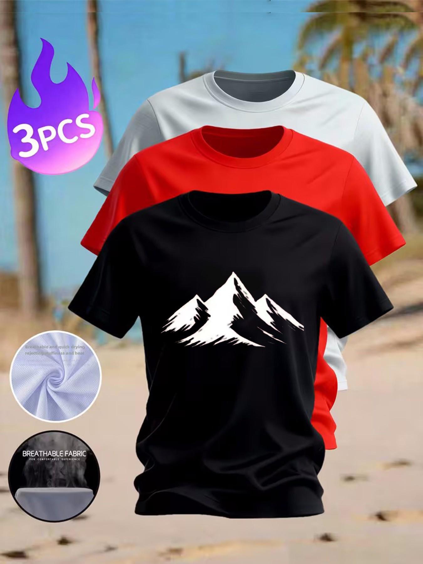 3-Pack Men's Mountain Print T-Shirts, Casual Crew Neck Short Sleeve Tees, Breathable Quick-Dry Summer Tops for Outdoor Hiking