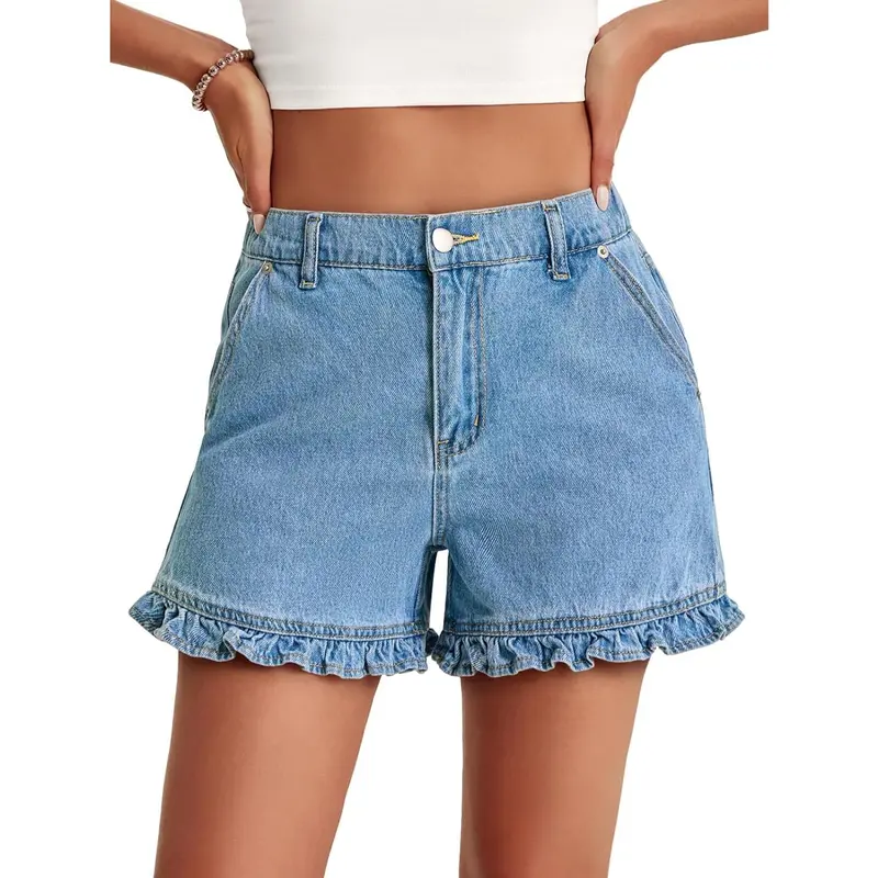 Imily Bela Womens Summer Ruffle Denim Shorts Cute High Waisted Cotton Short Jeans with Pockets