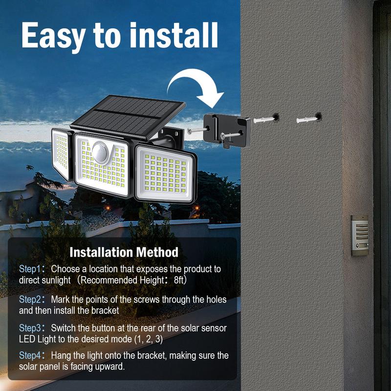 Daphino Solar Outdoor Lights 2500LM Security Lights, 3 Heads Dimmable SpotLights with 3 Modes, IP65 Waterproof