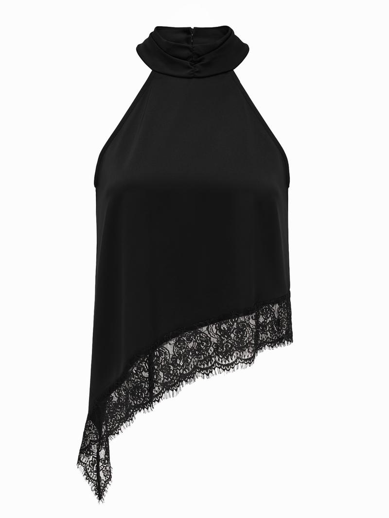 Elegant Asymmetric High Neck Satin Halter Top with Lace Trim, Sleeveless Design for Evening Parties and Formal Occasions