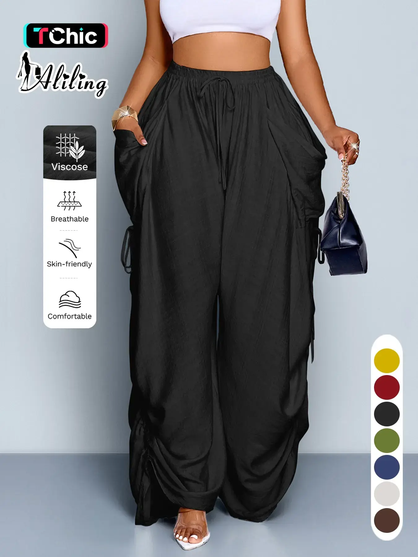 Women's Casual Solid High Waist Wide Leg Pants, Side Drawstring Loose Long Pants, Large Pockets, All Seasons Fashion Office Wear Female Clothing
