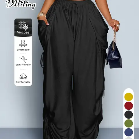 【Black Friday】Women's Casual Solid High Waist Wide Leg Pants, Side Drawstring Loose Long Pants, Large Pockets, All Seasons Fashion Office Wear Women's Clothing, Bottoms
