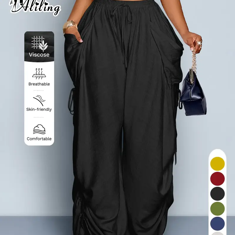 【Black Friday】Women's Casual Solid High Waist Wide Leg Pants, Side Drawstring Loose Long Pants, Large Pockets, All Seasons Fashion Office Wear Women's Clothing, Bottoms
