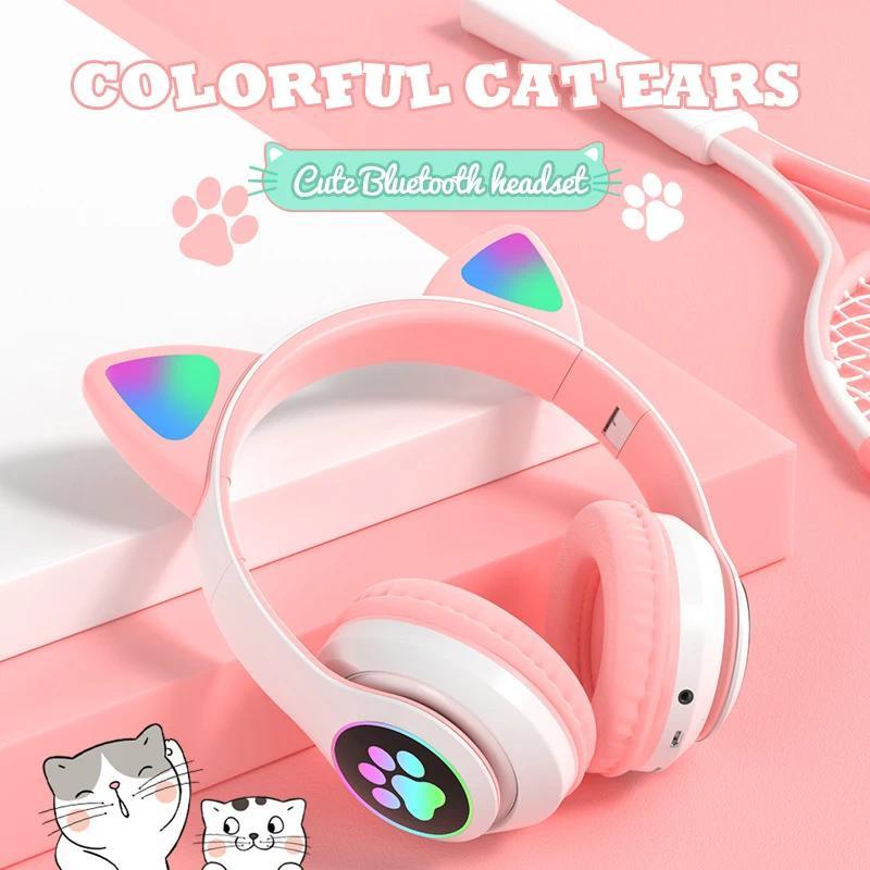 Flash Lamp Cute Cat Ears Headphone Bluetooth5.0 Stereo With Mic Support TF Card Wireless Kids Girl Earphone Birthday Gift btheadphones