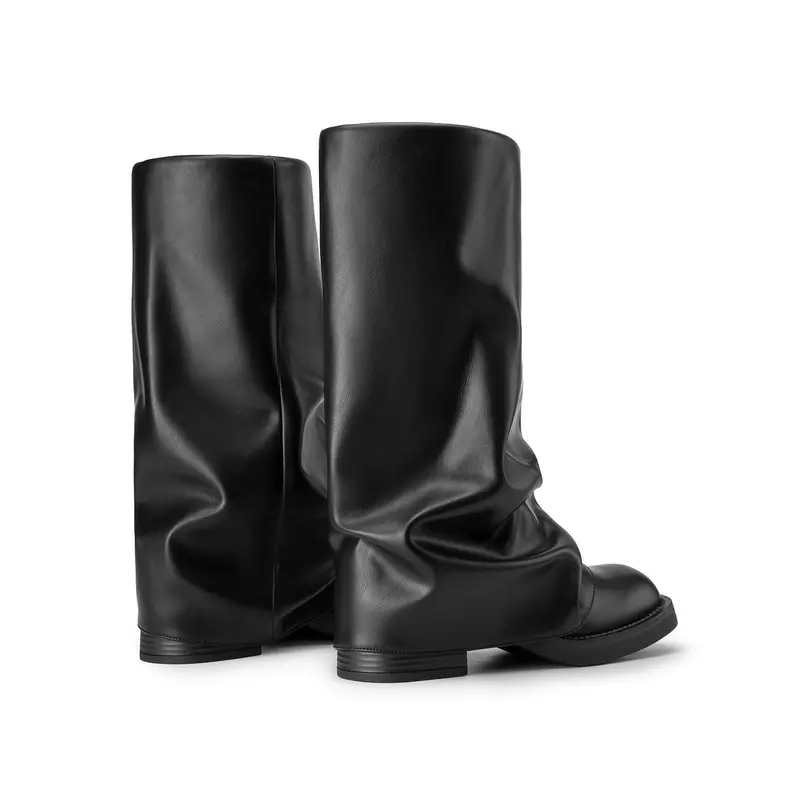 Athlefit Women's Slouchy Leather & Rubber Mid-Calf Boots, Wide Calf Retro Casual Slip On with Square Toe and Platform Cushion, Pull On, Shock Resistant tiktokshopbacktoschool, Party, Soft Slouchy Upper,back to school,back to school haul