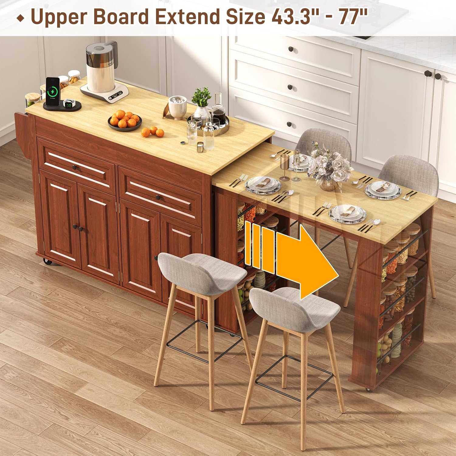 80"-48" Extendable Kitchen Island with Extended Dining Table and Power Outlet,Large Mobile Kitchen Storage Islands with 2 Storage Drawers,Rolling Islands Cart with 3 Extra Rows Open Shelves(White/Black/Brown/Blue)