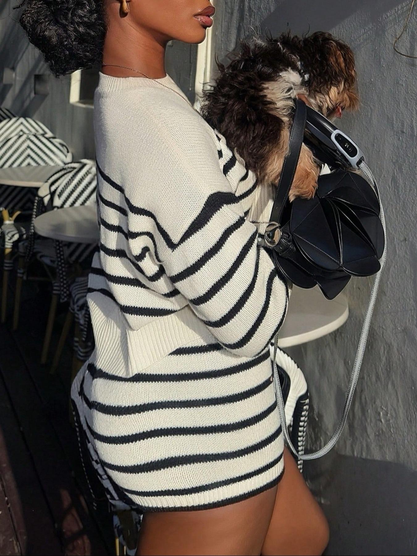 Striped Knit Two-Piece Set, Fitted Casual Home Wear, Long Sleeve Top & High Waist Shorts, Y2K Style, Fall Winter Fashion