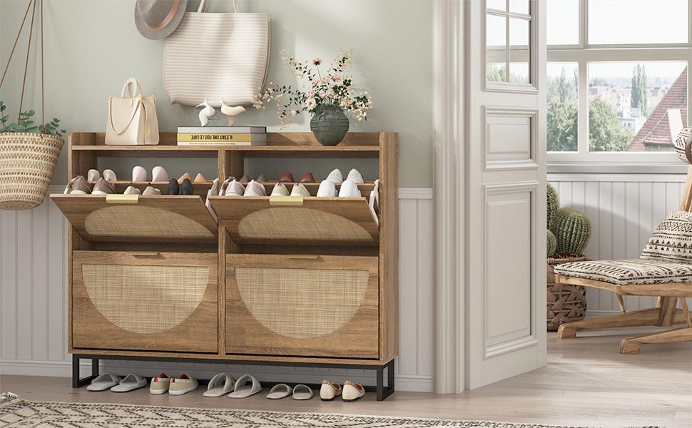 Vabches Large Rattan Shoe Storage Cabinet with Flip Drawers Freestanding Shoe Organizer for Entryway Hidden Golden Handles Rustic Oak Rattan Adjustable Garage Shelf