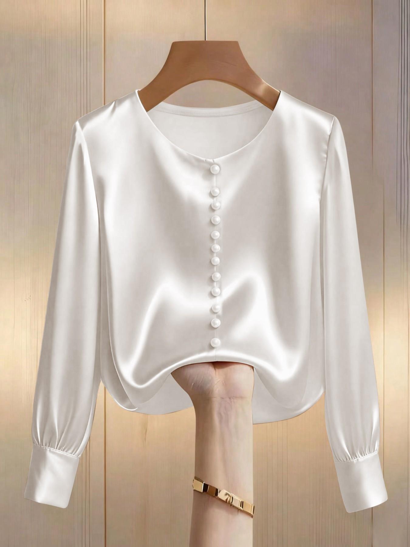 Women's Fashion Fitted Long Sleeve Top, Elegant Satin Round Neck Blouse, Suitable for Casual and Formal Office Commute