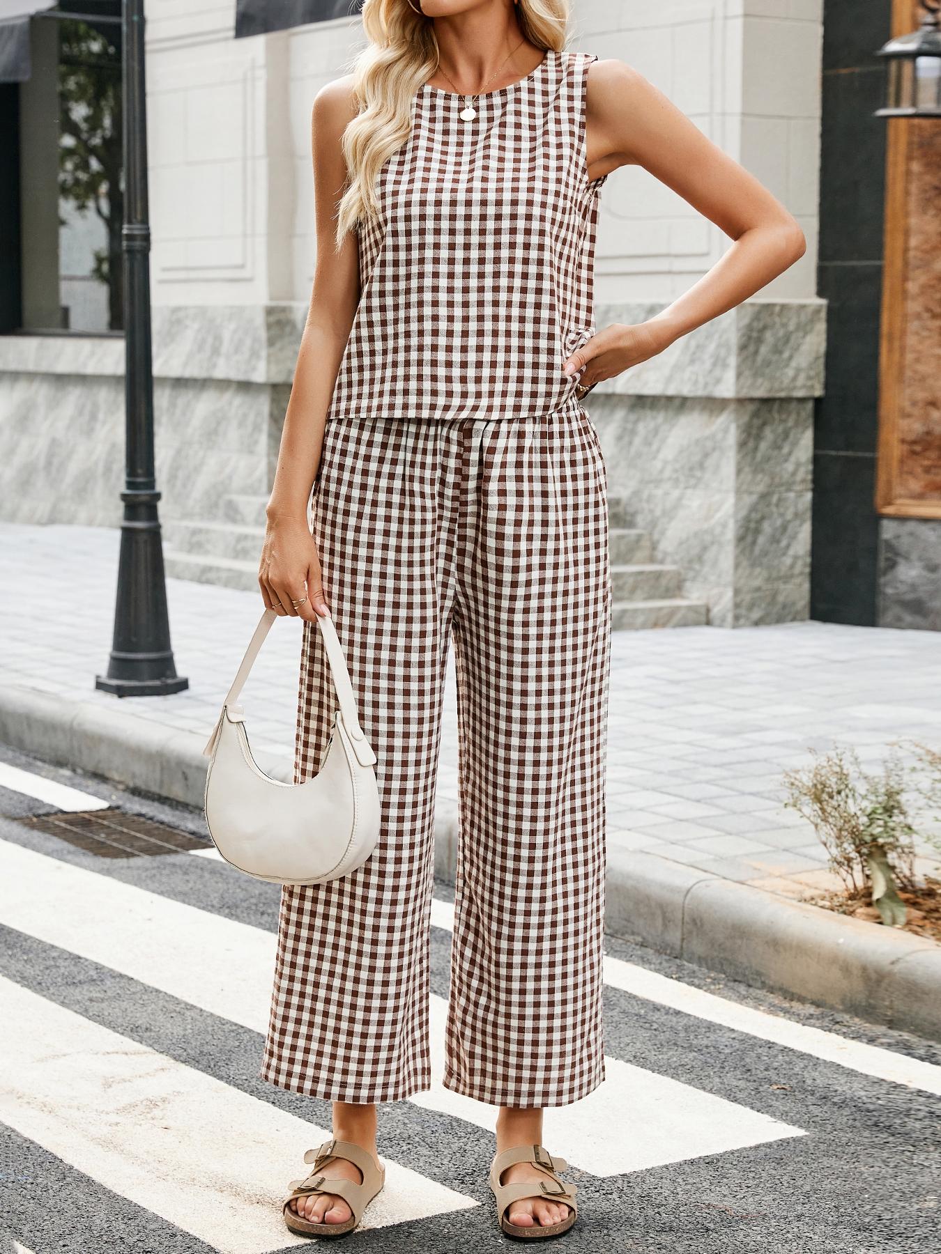 Women's Summer Plaid Vest Set, Elastic Waist Pocket Wide Leg Pants, Casual Comfortable Beach Vacation, Daily Wear, Casual Fashion Set